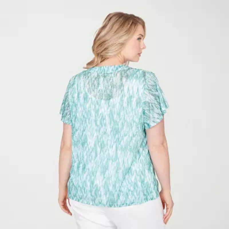 Hearts Of Palm Abstract Burnout Flutter Sleeve Womens Plus V Neck Short T-Shirt