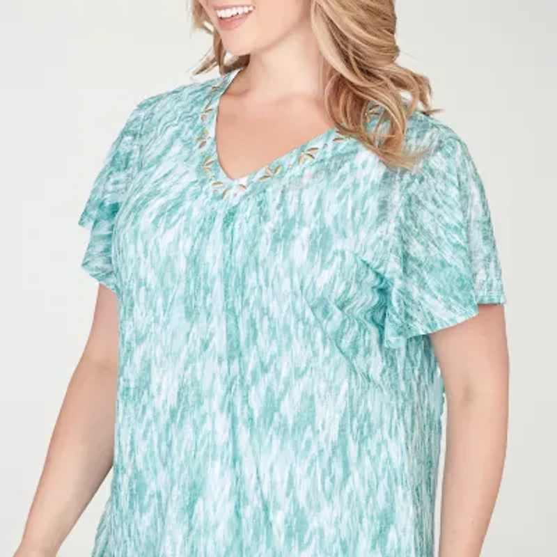 Hearts Of Palm Abstract Burnout Flutter Sleeve Womens Plus V Neck Short T-Shirt