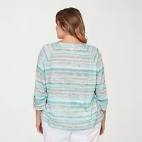 Hearts Of Palm Tropical Keyhole Neck Womens Plus Split Crew 3/4 Sleeve T-Shirt