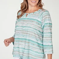 Hearts Of Palm Tropical Keyhole Neck Womens Plus Split Crew 3/4 Sleeve T-Shirt