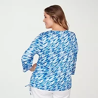Hearts Of Palm Abstract Side-Drawstring Womens Plus Round Neck 3/4 Sleeve T-Shirt