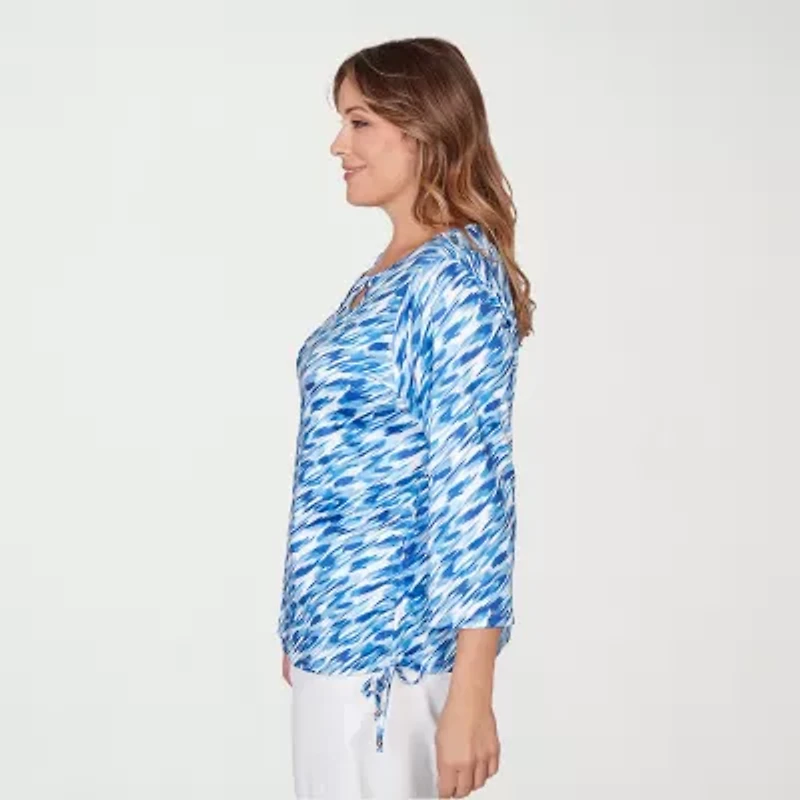 Hearts Of Palm Abstract Side-Drawstring Womens Plus Round Neck 3/4 Sleeve T-Shirt