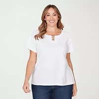 Hearts Of Palm Beaded Neckline Womens Plus Round Neck Short Sleeve T-Shirt