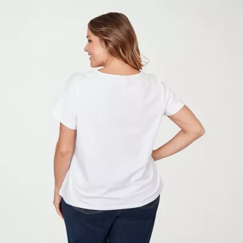 Hearts Of Palm Beaded Neckline Womens Plus Round Neck Short Sleeve T-Shirt