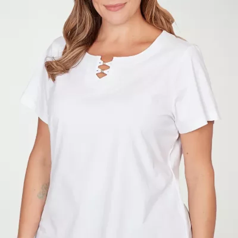 Hearts Of Palm Beaded Neckline Womens Plus Round Neck Short Sleeve T-Shirt