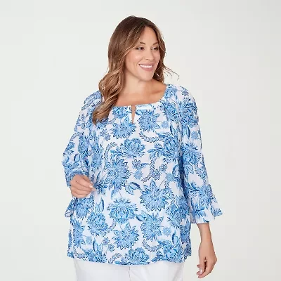 Hearts Of Palm Floral Peasant Sleeve Womens Plus Round Neck 3/4 Embellished Blouse