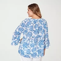 Hearts Of Palm Floral Peasant Sleeve Womens Plus Round Neck 3/4 Embellished Blouse