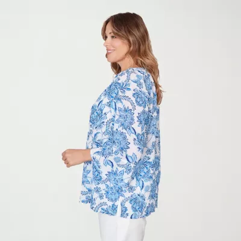 Hearts Of Palm Floral Peasant Sleeve Womens Plus Round Neck 3/4 Embellished Blouse