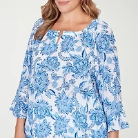 Hearts Of Palm Floral Peasant Sleeve Womens Plus Round Neck 3/4 Embellished Blouse