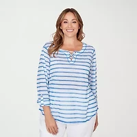 Hearts Of Palm Stripe Lacing Detail Womens Plus Split Crew Neck 3/4 Sleeve T-Shirt