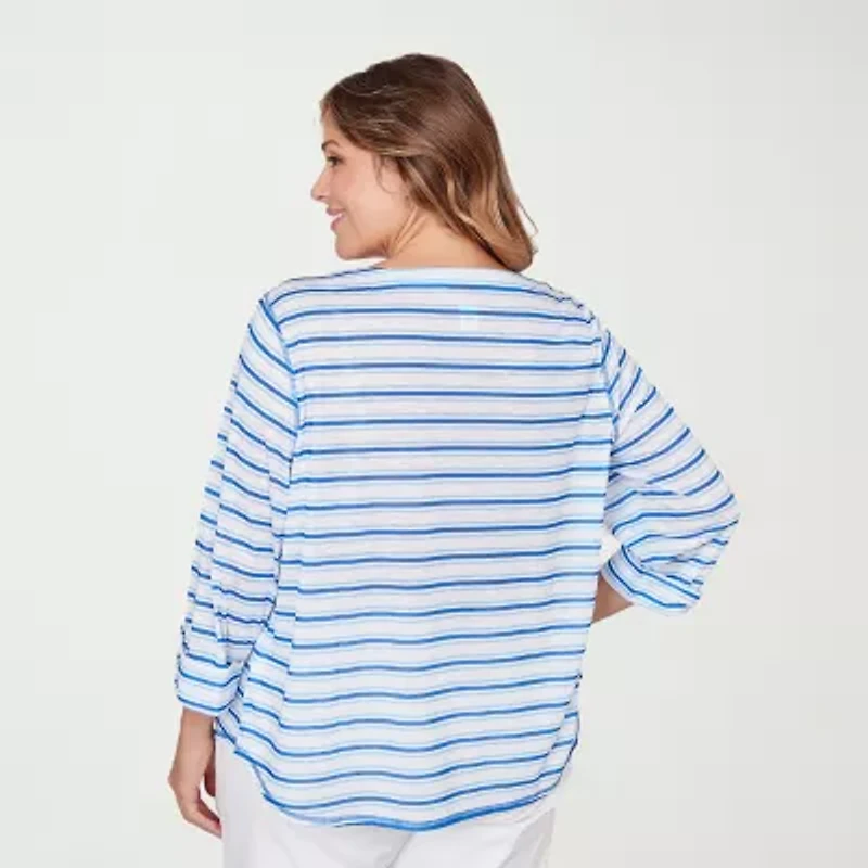 Hearts Of Palm Stripe Lacing Detail Womens Plus Split Crew Neck 3/4 Sleeve T-Shirt