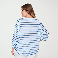 Hearts Of Palm Stripe Lacing Detail Womens Plus Split Crew Neck 3/4 Sleeve T-Shirt