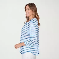 Hearts Of Palm Stripe Lacing Detail Womens Plus Split Crew Neck 3/4 Sleeve T-Shirt