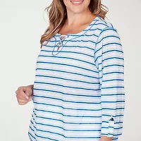 Hearts Of Palm Stripe Lacing Detail Womens Plus Split Crew Neck 3/4 Sleeve T-Shirt
