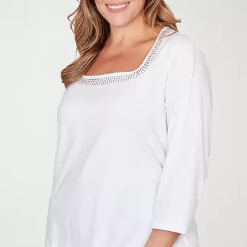 Hearts Of Palm Square Neck With Heat Set Womens Plus 3/4 Sleeve T-Shirt