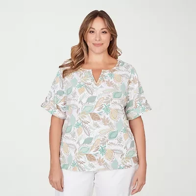 Hearts Of Palm Animal Burnout Tie Front Womens Plus Split Crew Neck Short Sleeve T-Shirt