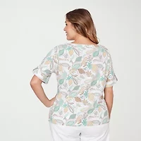 Hearts Of Palm Animal Burnout Tie Front Womens Plus Split Crew Neck Short Sleeve T-Shirt