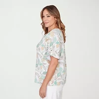 Hearts Of Palm Animal Burnout Tie Front Womens Plus Split Crew Neck Short Sleeve T-Shirt