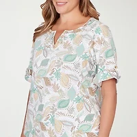 Hearts Of Palm Animal Burnout Tie Front Womens Plus Split Crew Neck Short Sleeve T-Shirt