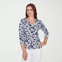 Hearts Of Palm Floral Horseshoe Womens Split Crew Neck 3/4 Sleeve T-Shirt