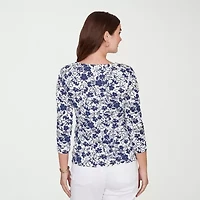 Hearts Of Palm Floral Horseshoe Womens Split Crew Neck 3/4 Sleeve T-Shirt