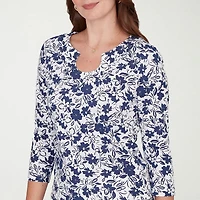 Hearts Of Palm Floral Horseshoe Womens Split Crew Neck 3/4 Sleeve T-Shirt