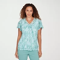 Hearts Of Palm Abstract Burnout Flutter Sleeve Womens V Neck Short T-Shirt