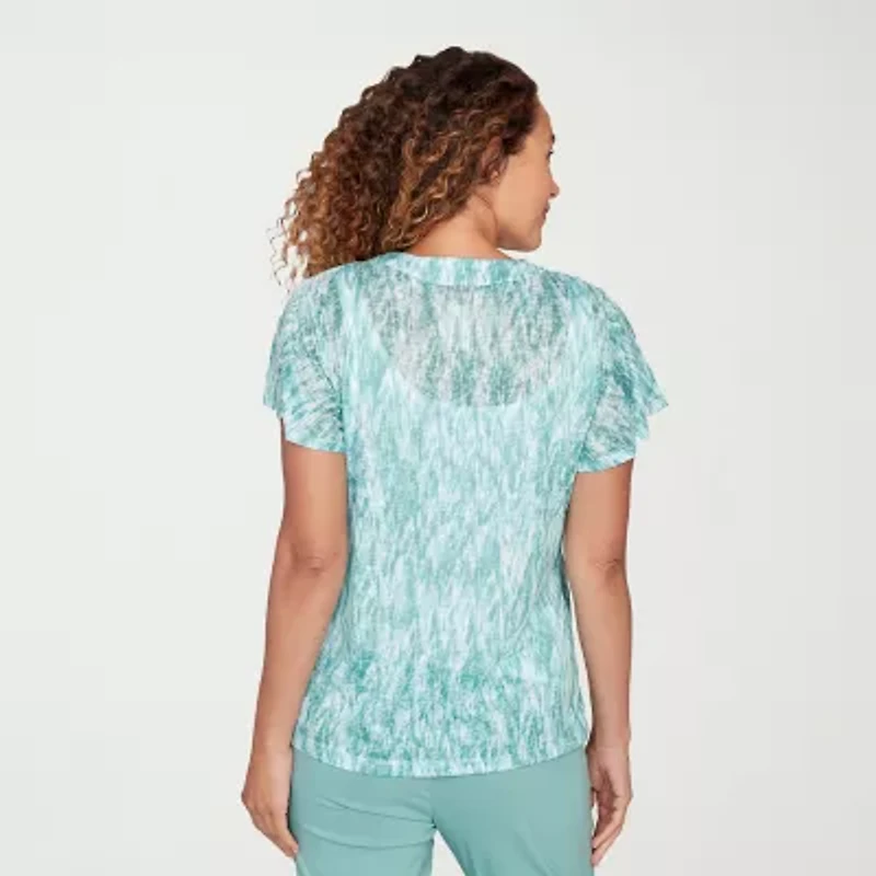 Hearts Of Palm Abstract Burnout Flutter Sleeve Womens V Neck Short T-Shirt