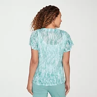 Hearts Of Palm Abstract Burnout Flutter Sleeve Womens V Neck Short T-Shirt