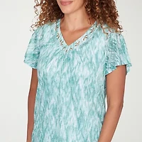 Hearts Of Palm Abstract Burnout Flutter Sleeve Womens V Neck Short T-Shirt