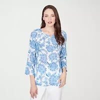 Hearts Of Palm Floral Peasant Sleeve Womens Round Neck 3/4 Embellished Blouse
