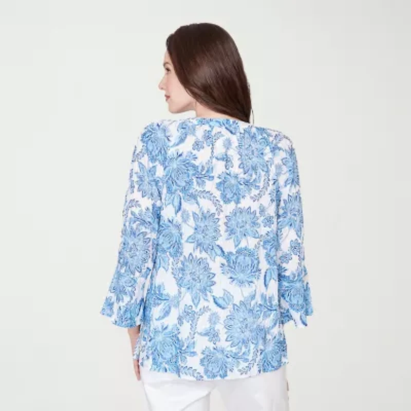 Hearts Of Palm Floral Peasant Sleeve Womens Round Neck 3/4 Embellished Blouse