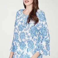 Hearts Of Palm Floral Peasant Sleeve Womens Round Neck 3/4 Embellished Blouse