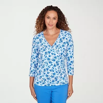 Hearts Of Palm Floral Side Ruched Womens V Neck 3/4 Sleeve T-Shirt
