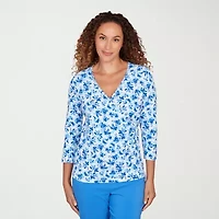 Hearts Of Palm Floral Side Ruched Womens V Neck 3/4 Sleeve T-Shirt