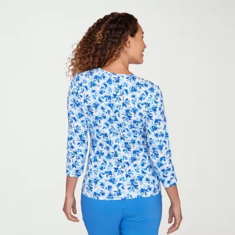 Hearts Of Palm Floral Side Ruched Womens V Neck 3/4 Sleeve T-Shirt