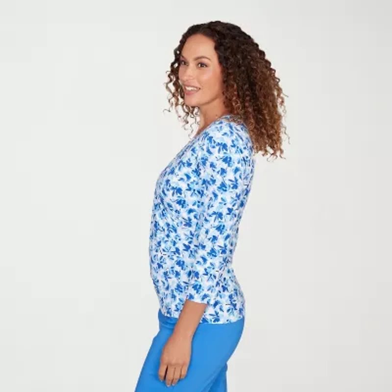 Hearts Of Palm Floral Side Ruched Womens V Neck 3/4 Sleeve T-Shirt