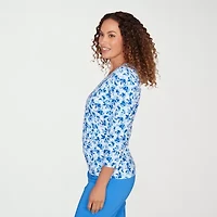 Hearts Of Palm Floral Side Ruched Womens V Neck 3/4 Sleeve T-Shirt