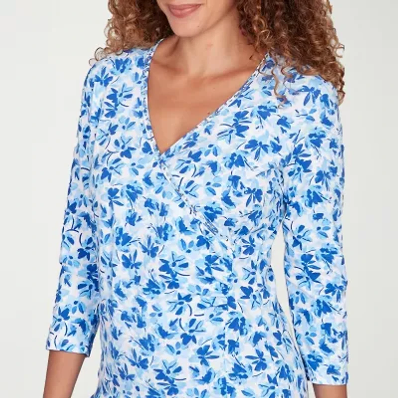 Hearts Of Palm Floral Side Ruched Womens V Neck 3/4 Sleeve T-Shirt