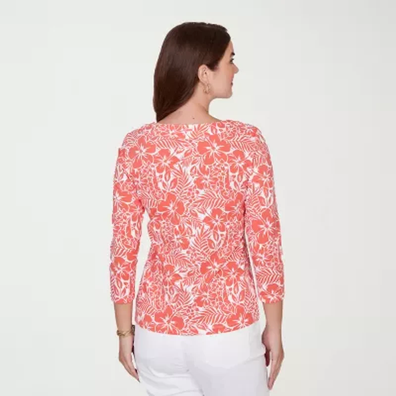 Hearts Of Palm Tropical Keyhole Neck Womens 3/4 Sleeve T-Shirt