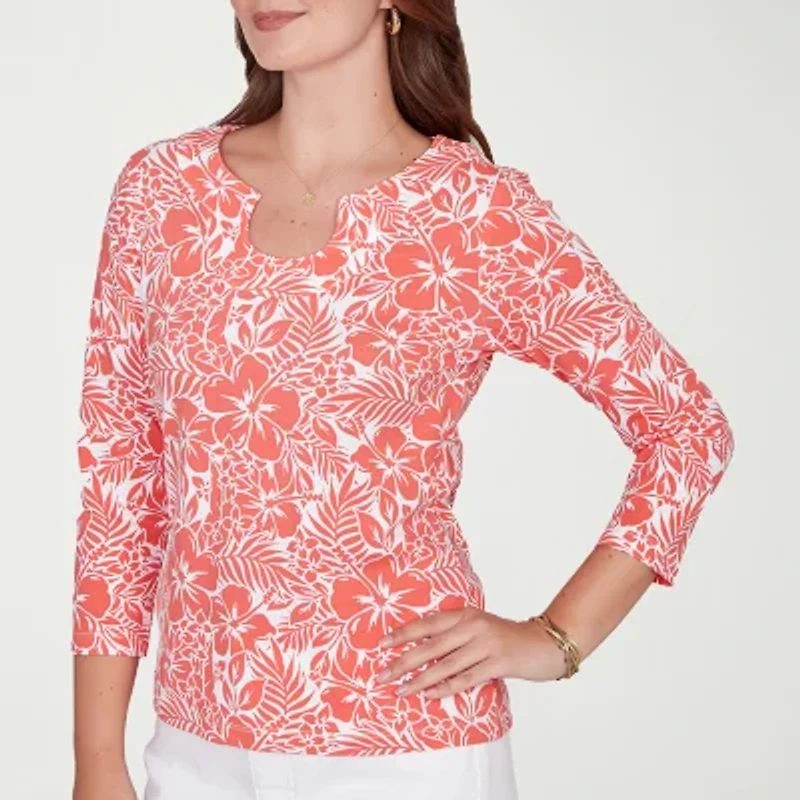 Hearts Of Palm Tropical Keyhole Neck Womens 3/4 Sleeve T-Shirt