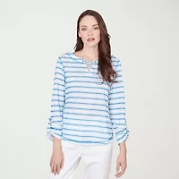 Hearts Of Palm Stripe Lacing Detail Womens Split Crew Neck 3/4 Sleeve T-Shirt