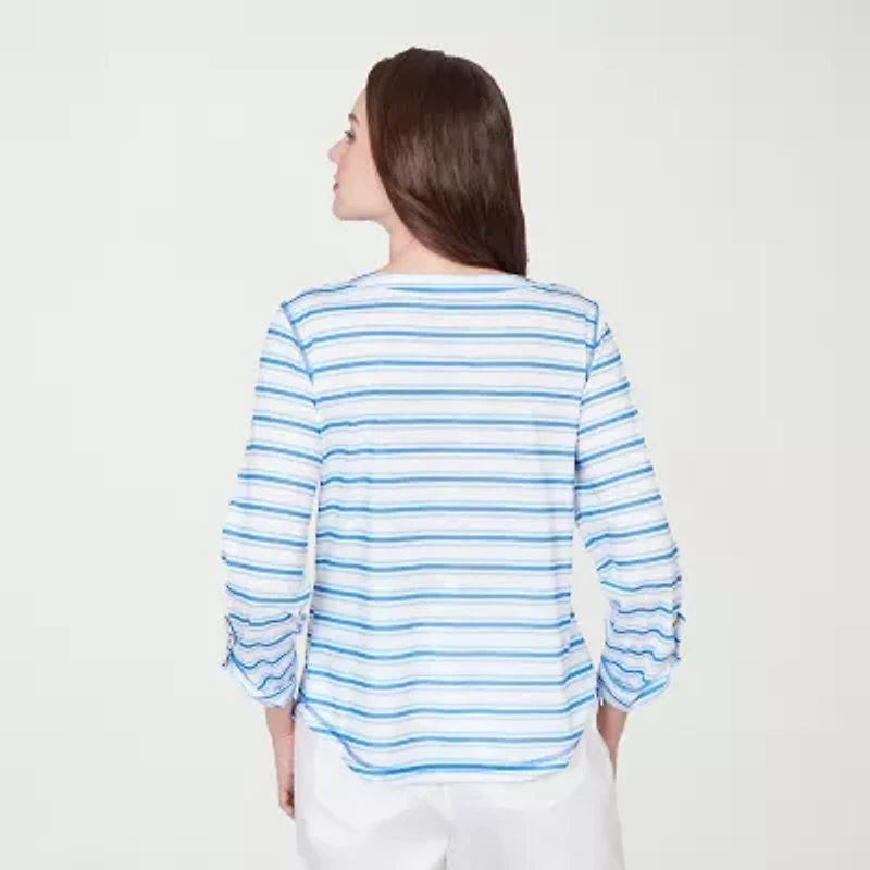 Hearts Of Palm Stripe Lacing Detail Womens Split Crew Neck 3/4 Sleeve T-Shirt
