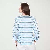 Hearts Of Palm Stripe Lacing Detail Womens Split Crew Neck 3/4 Sleeve T-Shirt