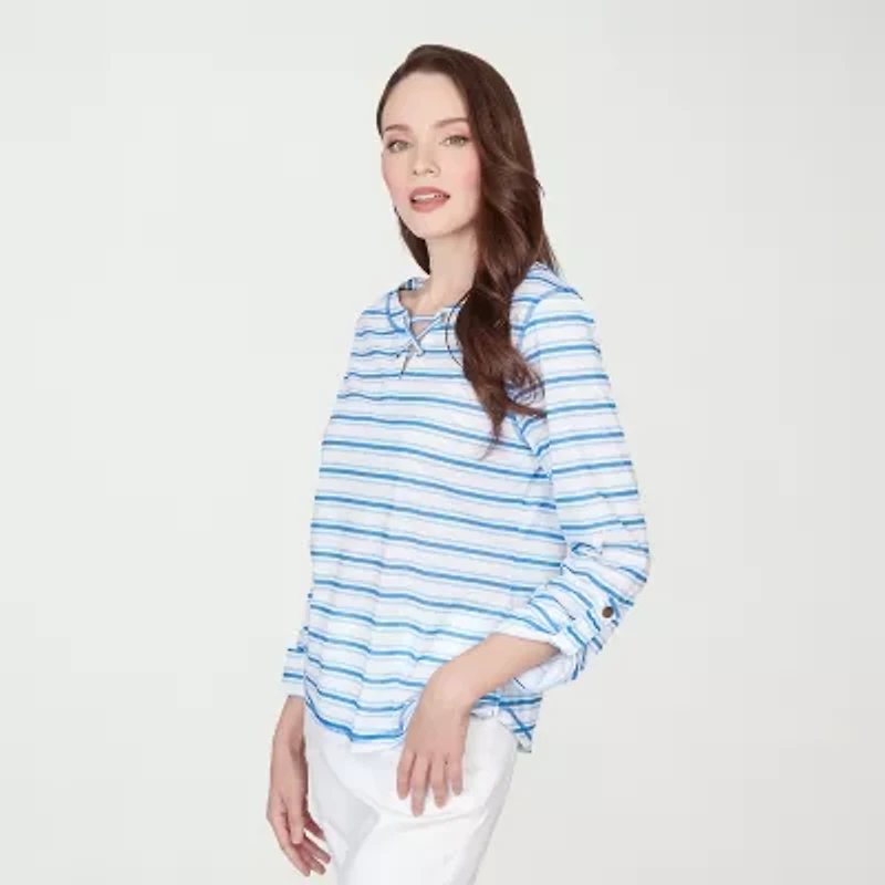 Hearts Of Palm Stripe Lacing Detail Womens Split Crew Neck 3/4 Sleeve T-Shirt