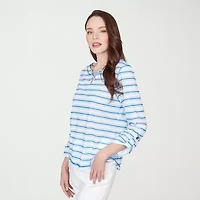 Hearts Of Palm Stripe Lacing Detail Womens Split Crew Neck 3/4 Sleeve T-Shirt