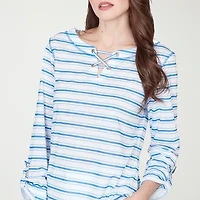 Hearts Of Palm Stripe Lacing Detail Womens Split Crew Neck 3/4 Sleeve T-Shirt