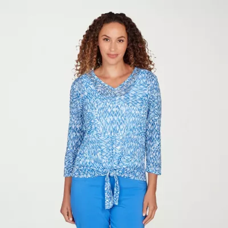 Hearts Of Palm Animal Burnout Tie Front Womens V Neck 3/4 Sleeve T-Shirt