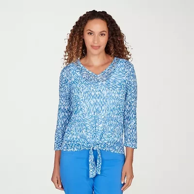 Hearts Of Palm Animal Burnout Tie Front Womens V Neck 3/4 Sleeve T-Shirt