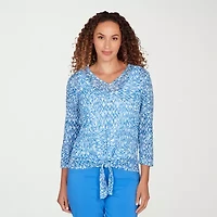 Hearts Of Palm Animal Burnout Tie Front Womens V Neck 3/4 Sleeve T-Shirt